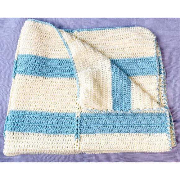 Baby Blanket Afghan Throw Knited Yellow Blue 30x38 Handmade Granny Square - Picture 1 of 5